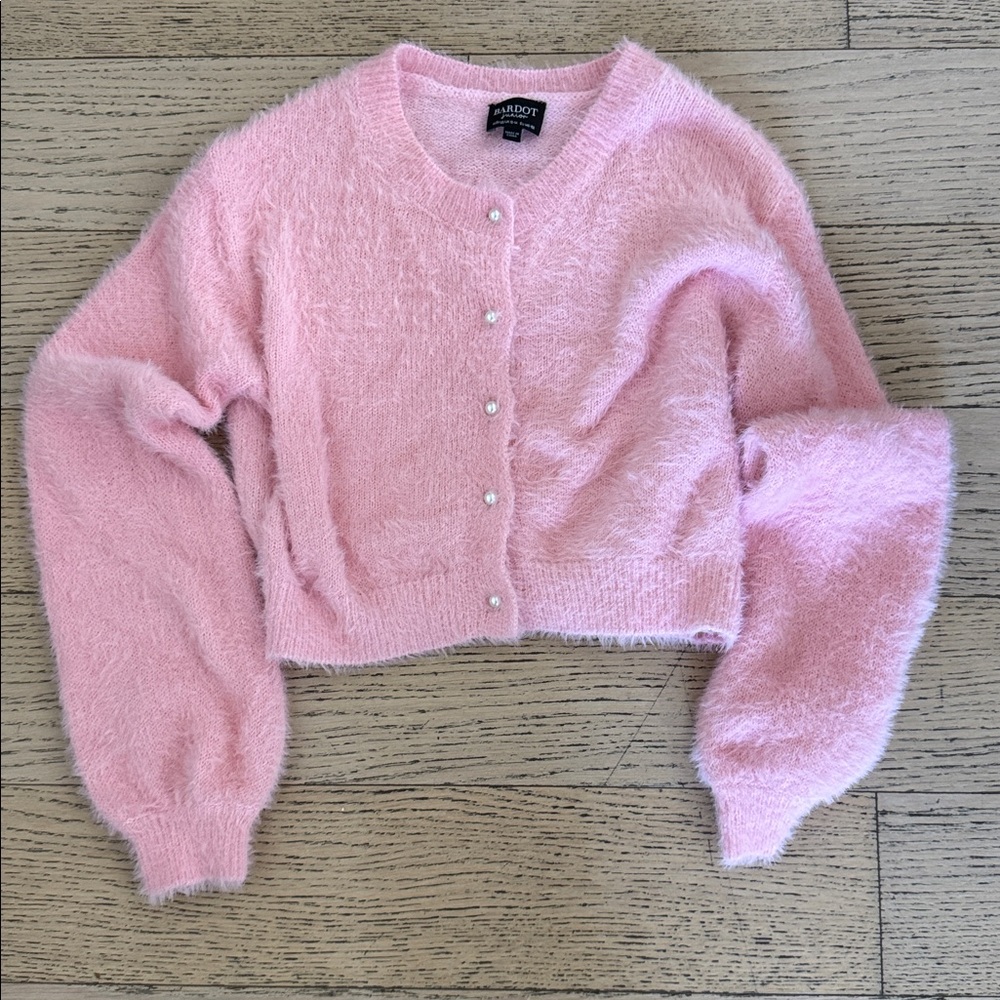 BARDOT JUNIOR Girls Bell Sleeve Pink Fuzzy Cardigan w/Pearl buttons, size 12-14